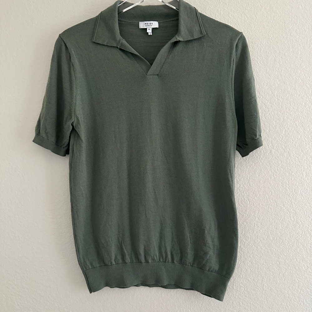 Reiss Polo Shirt Men XS Green 100% Merino Wool Short Sleeve Johnny Collar Shrunk